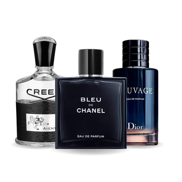 Promocyjny pakiet 3 perfum: Creed AVENTUS, BLEU DE CHANEL i Dior SAUVAGE 100 ml. Parfumuria Autentice