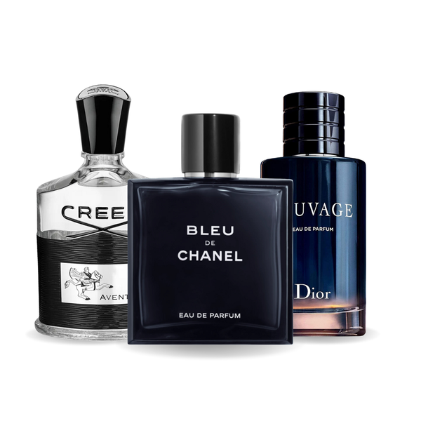Promocyjny pakiet 3 perfum: Creed AVENTUS, BLEU DE CHANEL i Dior SAUVAGE 100 ml. Parfumuria Autentice