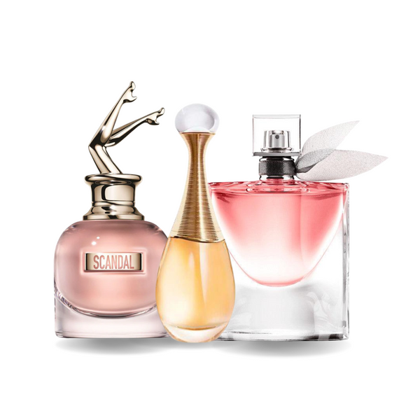 Promocyjny pakiet 3 perfum: Jean Paul Gaultier SCANDAL, Dior J'ADORE i Lancôme LA VIE EST BELLE 100 ml Exclusive Fragrance