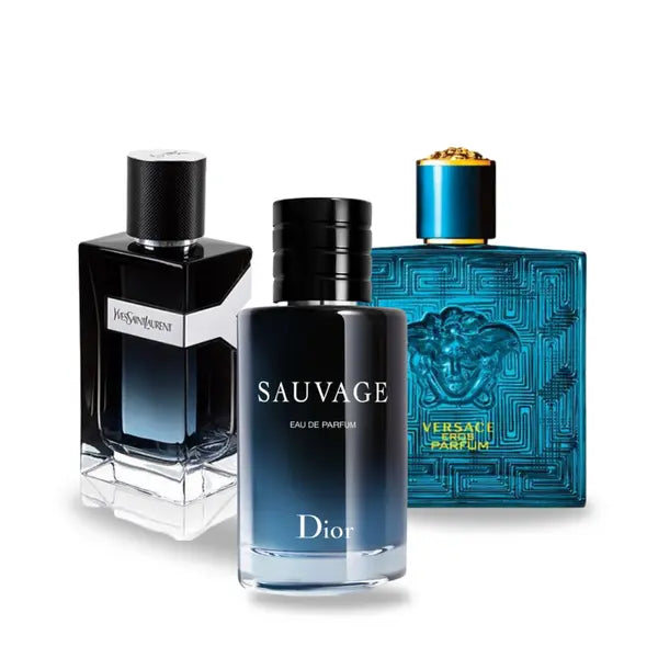 Promocyjny pakiet 3 perfum: Dior SAUVAGE, Yves Saint Laurent Y MEN i Versace EROS 100 ml. Exclusive Fragrance
