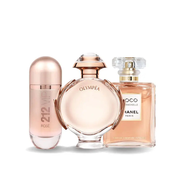 Promocyjny pakiet 3 perfum: Carolina Herrera 212 VIP ROSÉ, Paco Rabanne OLYMPÉA i Chanel COCO MADEMOISELLE 100 ml. Exclusive Fragrance