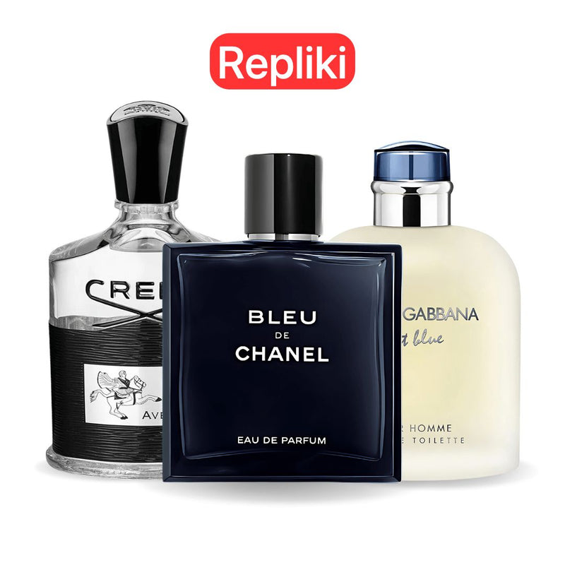 ZESTAW PERFUM TYPU ZAMIENNIK (NIEORYGINALNE REPLIKI) Inspirowane perfumami: Bleu de Chanel, Creed Aventus, Light Blue Dolce Gabbana 100ml Eau de Parfum